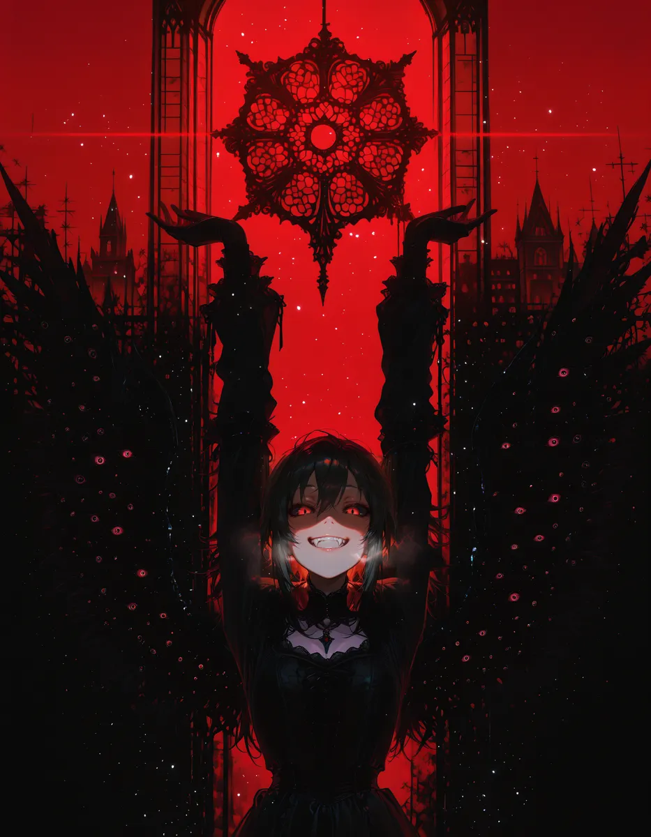 Dark gothic vampire girl with black feathery wings, red eyes, and renaissance clothes standing with arms raised in front of a red background featuring stained glass and gothic architecture.