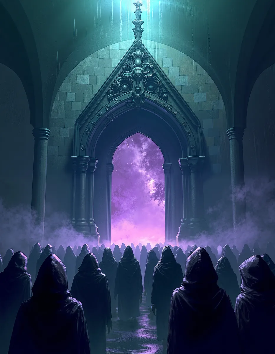 A crowd of hooded robed figures stands in front of an ancient temple’s ornate archway glowing with an eldritch, purple-hued magic portal, illuminated by ethereal light in a dark, atmospheric setting.
