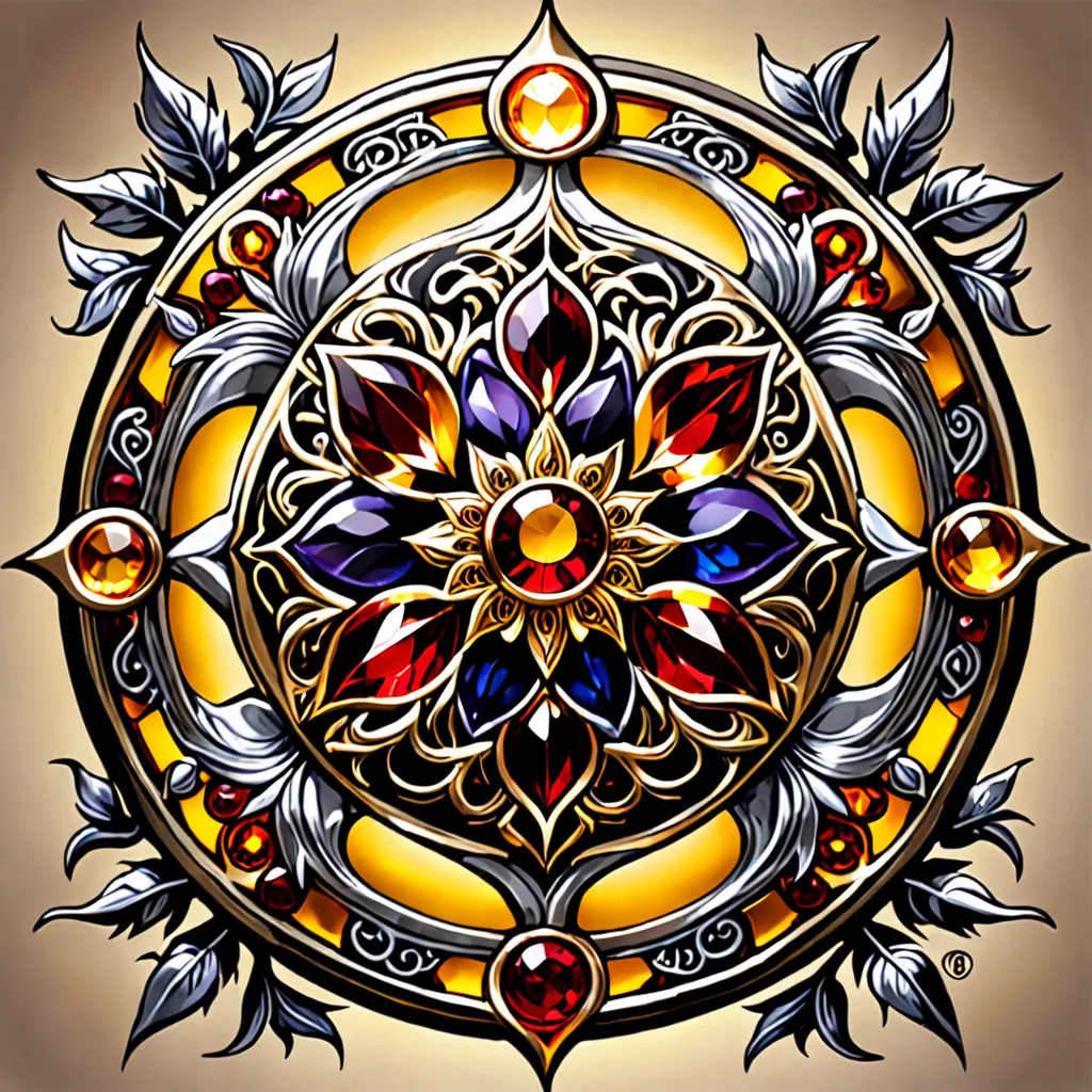 Detailed Neo-Byzantine style circular ornament featuring ruby, sapphire, gold, and intricate floral mosaic patterns accented by silver leaves.