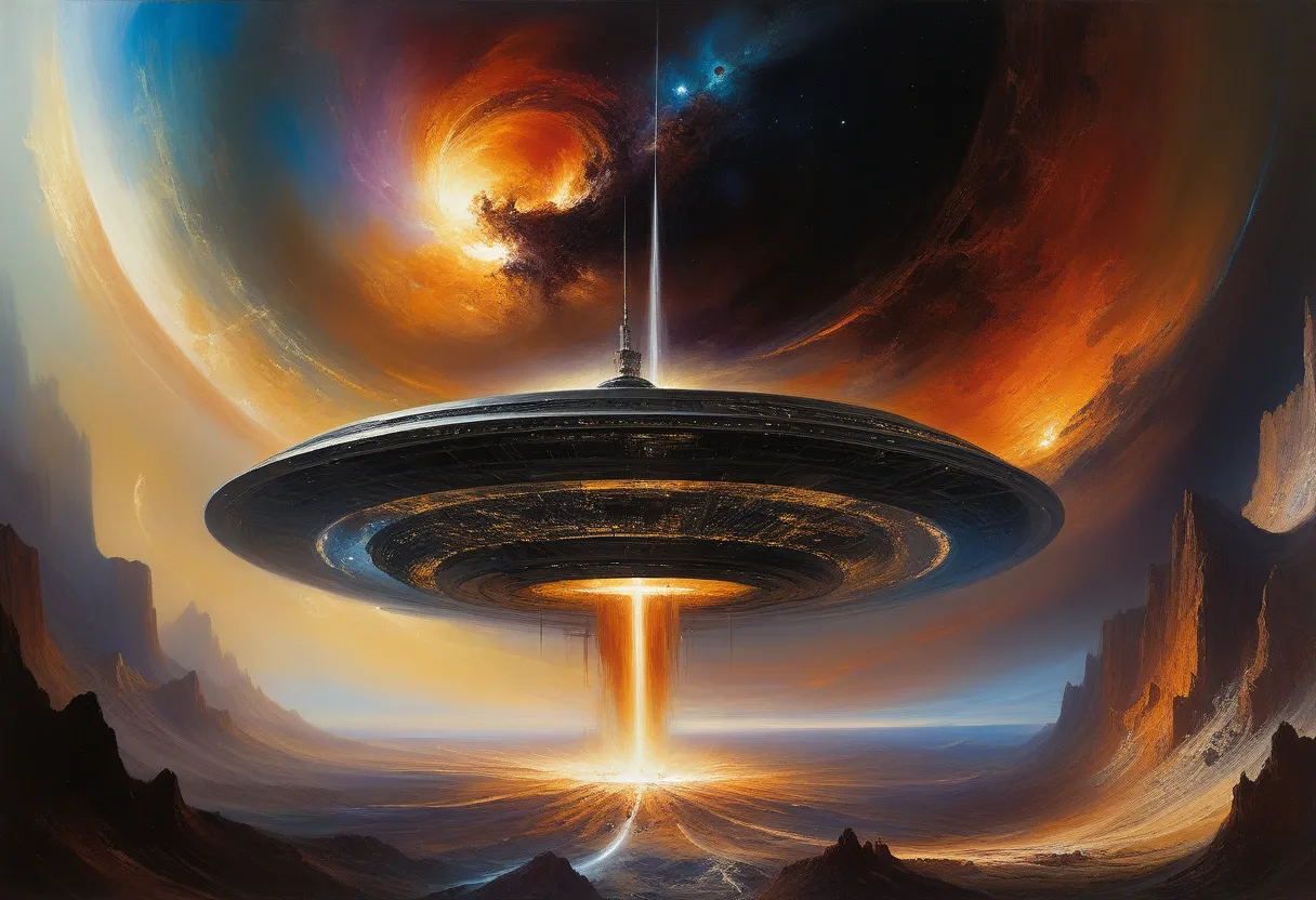 Futuristic space station positioned close to a massive swirling black hole, depicted in Thomas Moran style oil painting.