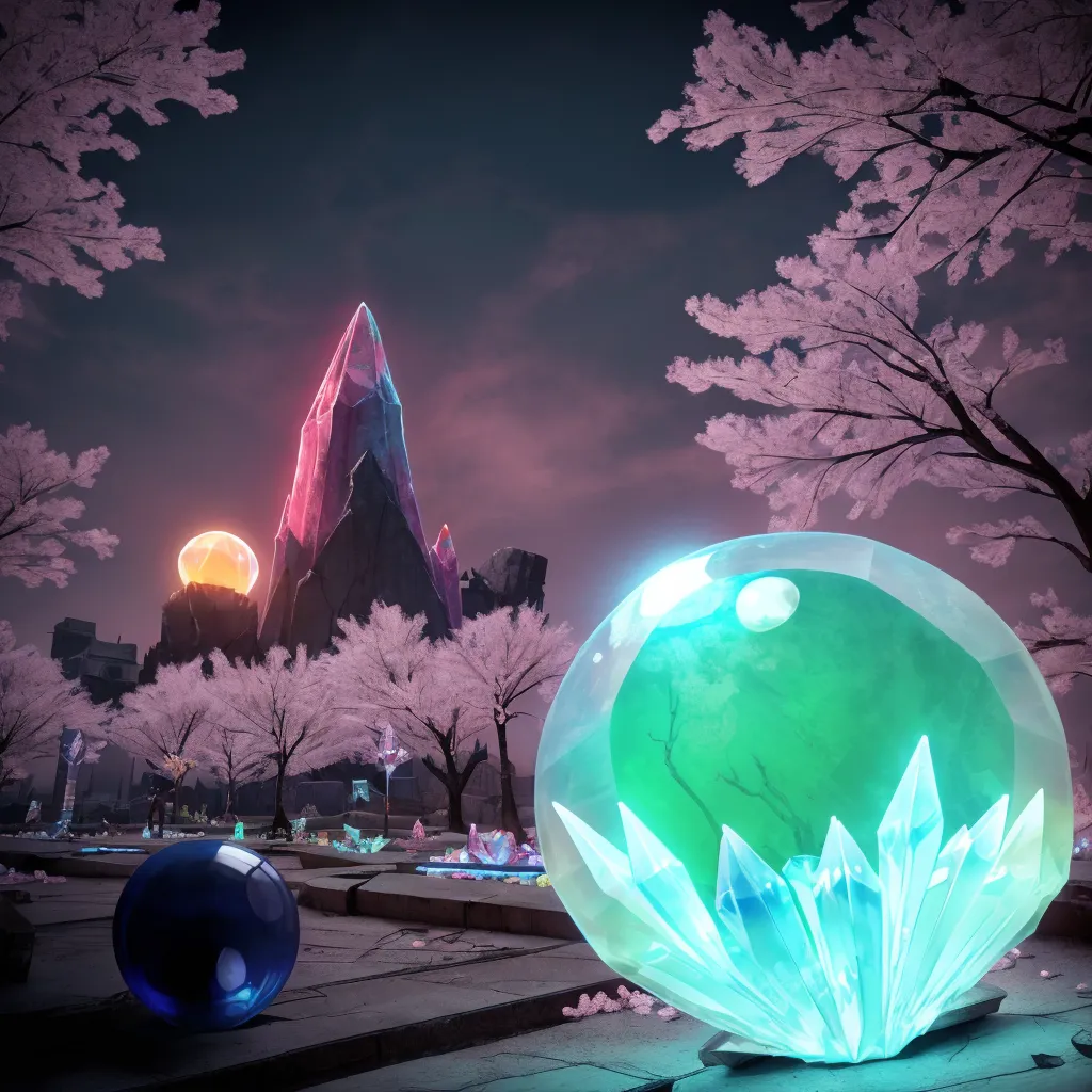 3D sci-fi scene featuring a floating crystal ball with glowing crystals inside, surrounded by pink cherry blossom trees and a dark, ruined urban landscape under a red moon.