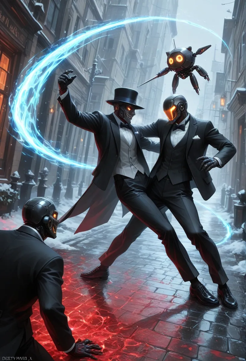 Cybernetic robots in tuxedos fighting with glowing energy effects in a snowy urban alley.