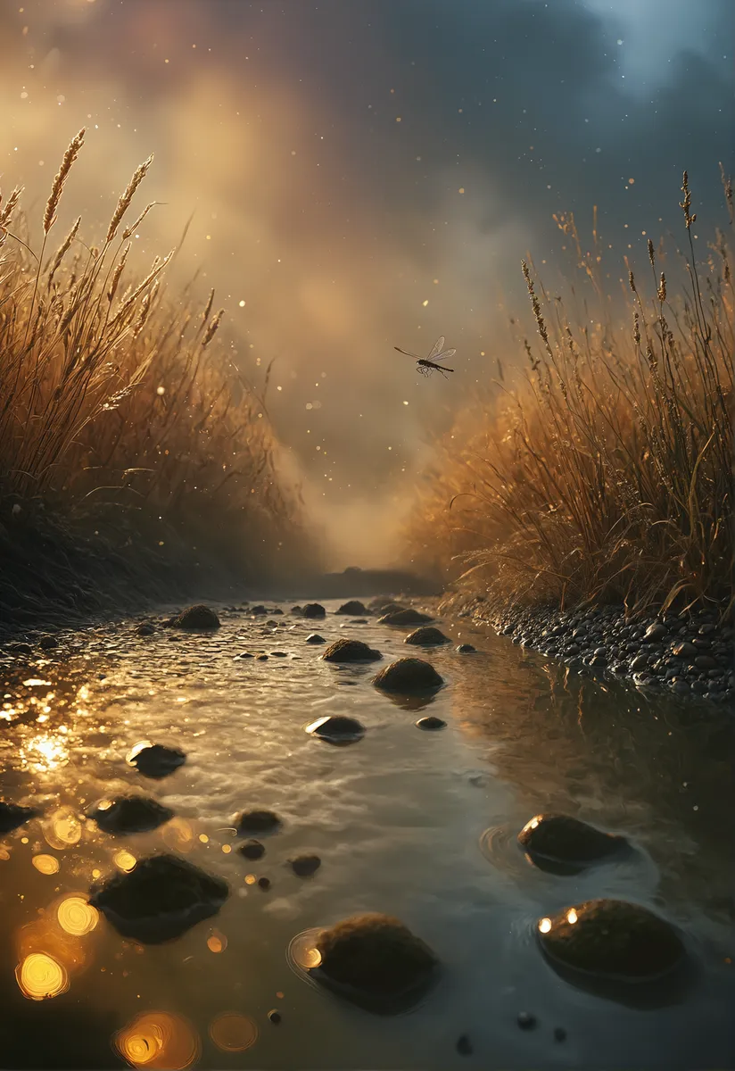 A serene fen at dawn with golden light reflecting on water, reeds framing a shallow stream, and a dragonfly hovering low above the surface.