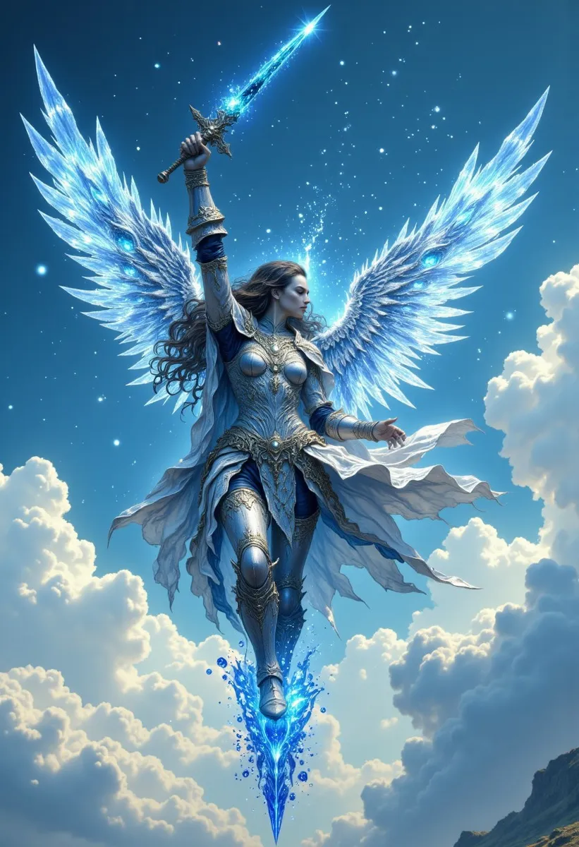 A Norse Valkyrie with glowing angelic wings soars against a bright sky, wielding an enchanted sword and wearing detailed mythical armor.