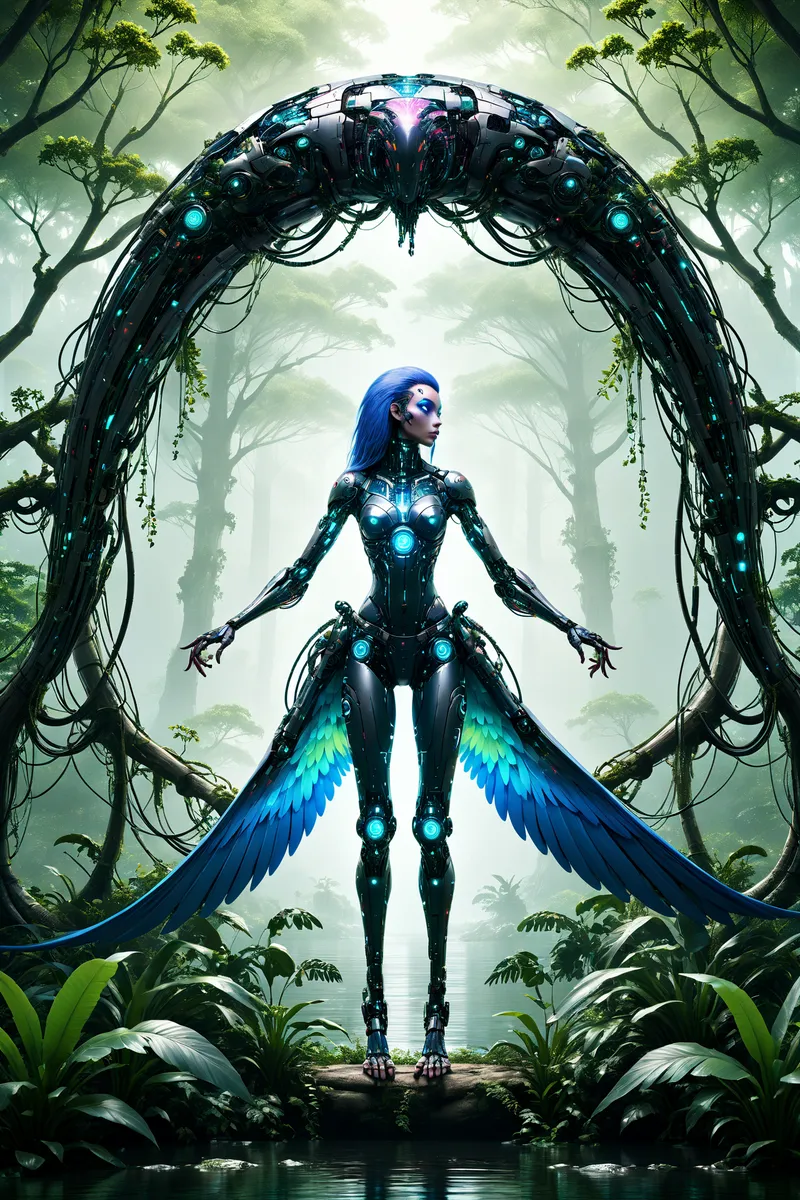 A cybernetic humanoid android with glowing blue wings stands in a misty forest under a large robotic archway, surrounded by lush greenery.