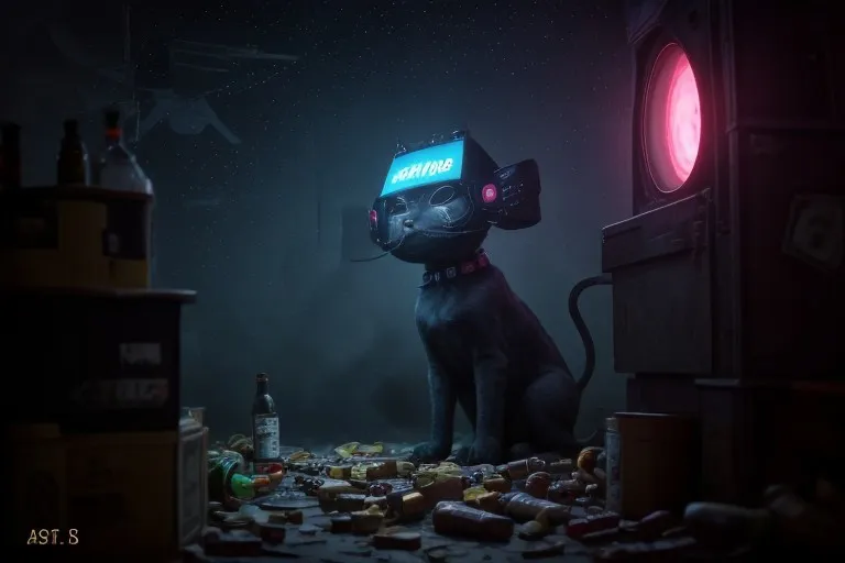 A black cat wearing a futuristic VR headset with glowing blue text, sitting among scattered bottles and trash in a dark, moody night city environment with soft neon lighting.