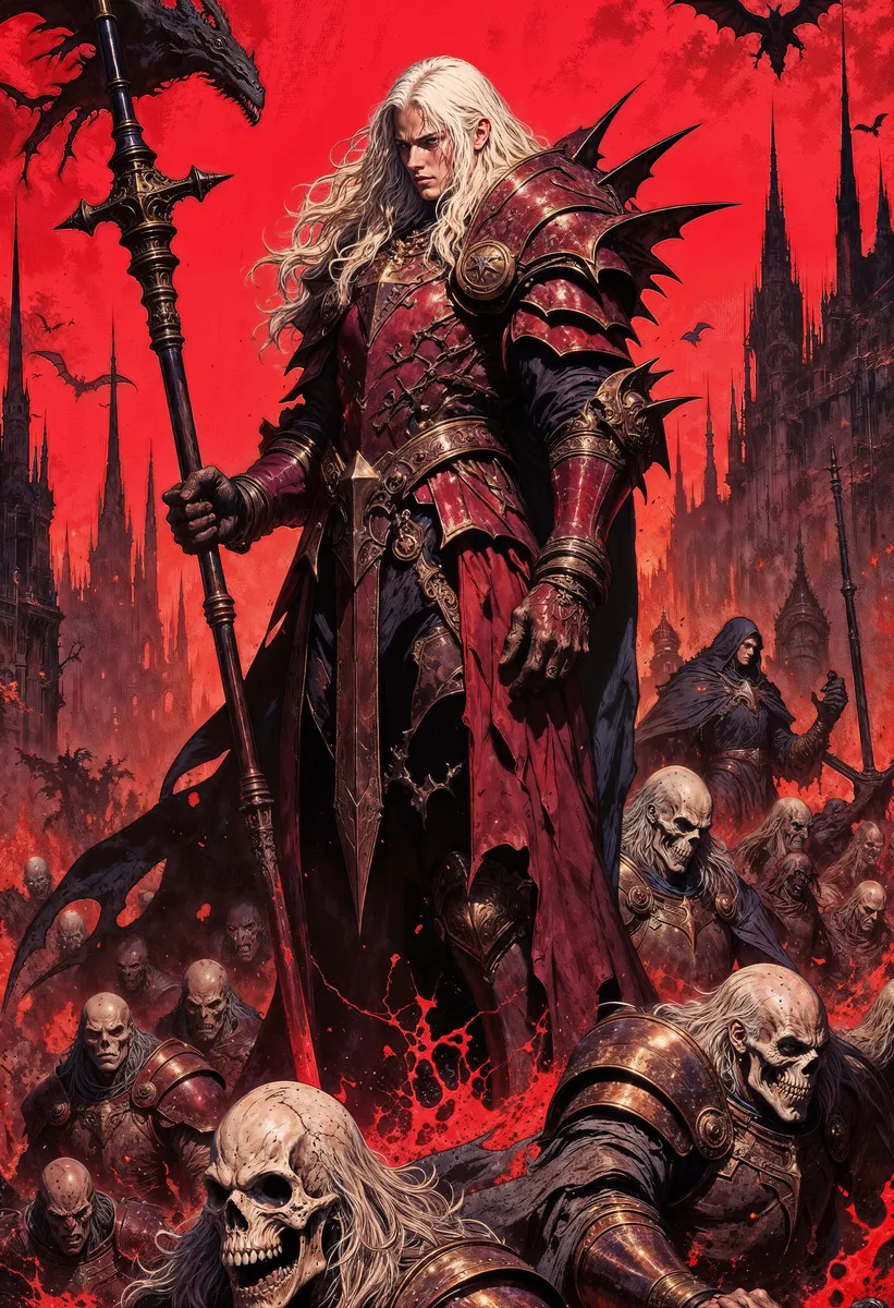 A white-haired warrior in elaborate dark red armor stands confidently wielding a spear amid skeletal warriors and a gothic city under a blood-red sky with flying dragons.