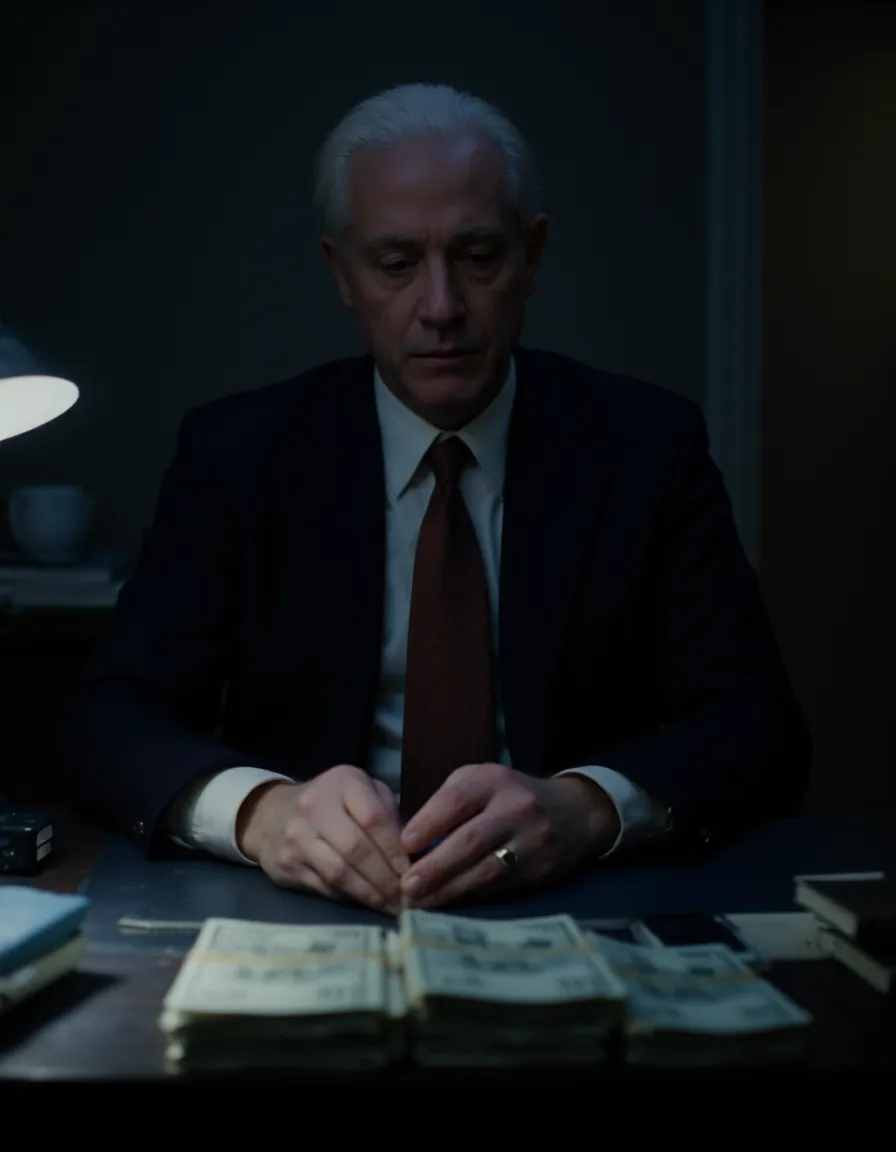 A man with white hair and wearing a suit sits behind an executive desk under a table lamp at night, counting stacks of money with focused attention.