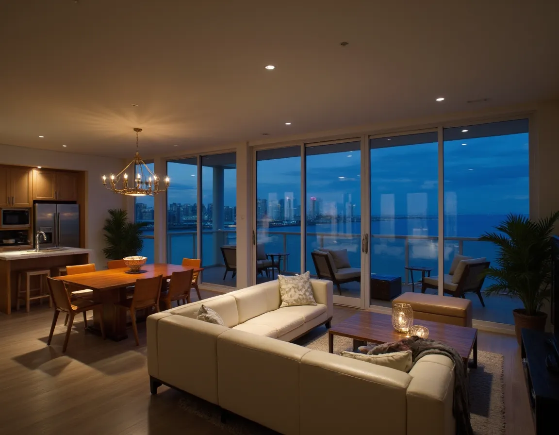 Cozy Miami apartment interior at night with modern dining table, white leather sofa, floor to ceiling windows, and balcony overlooking the sea and downtown Miami with warm lighting.
