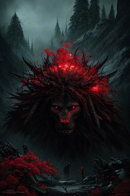 A dark fantasy scene featuring a large red glowing wolf head emerging in a mysterious forest with vivid red foliage and misty, cinematic lighting.