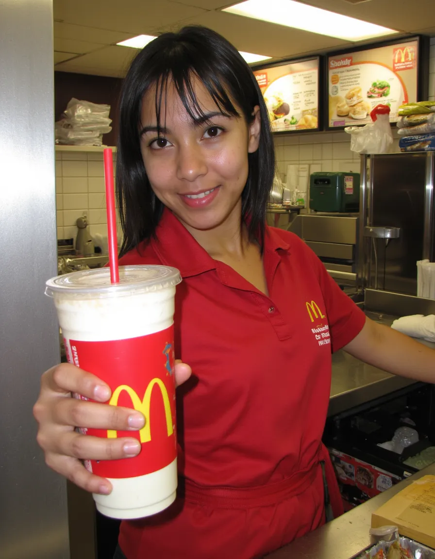 Young McDonalds employee with black hair and freckles serving a drink in the kitchen area wearing a red uniform.