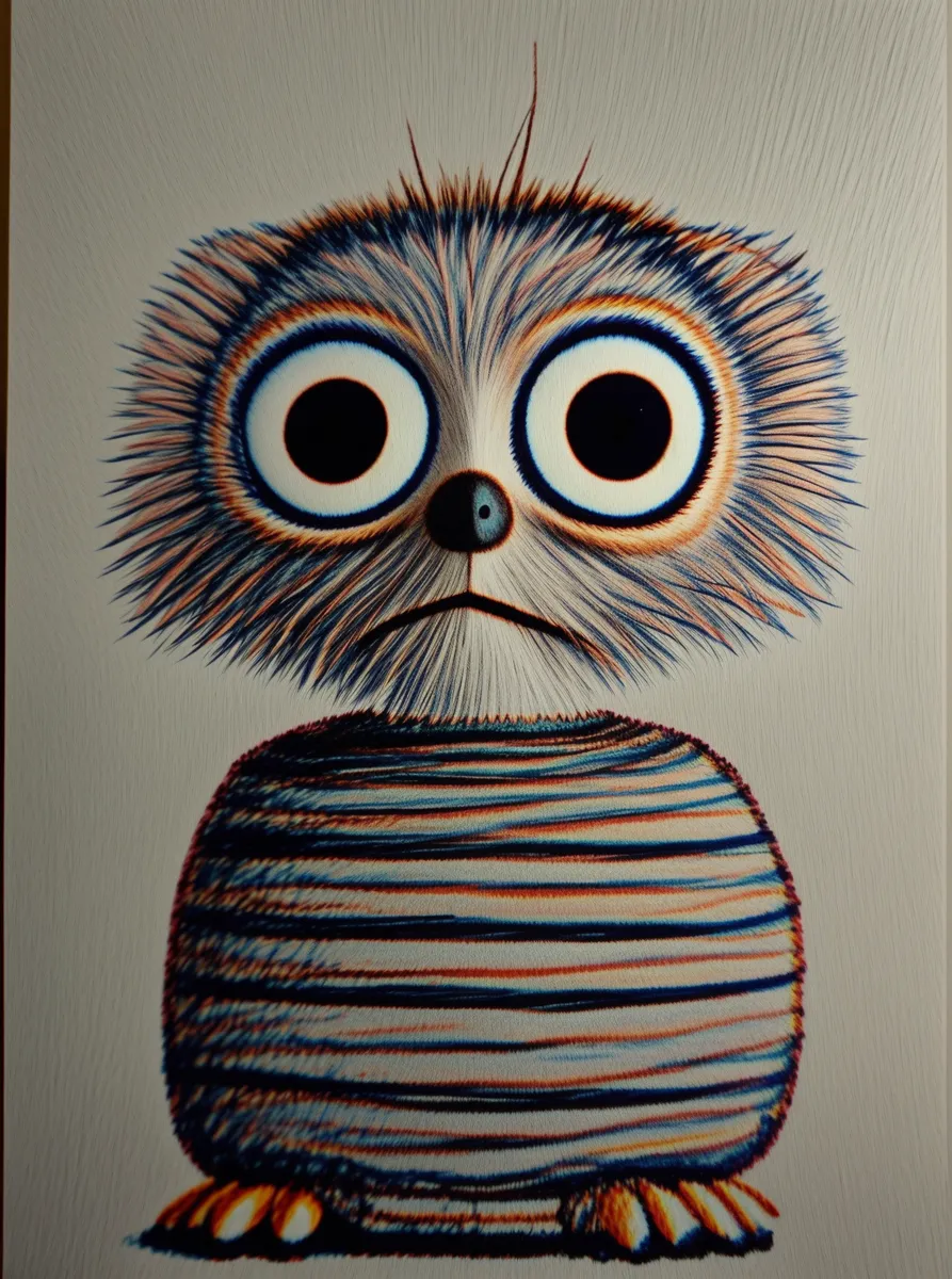 A creepy Furby-like furry toy with exaggerated wide eyes and a striped rounded body, digitally rendered with LoRA model enhancements.