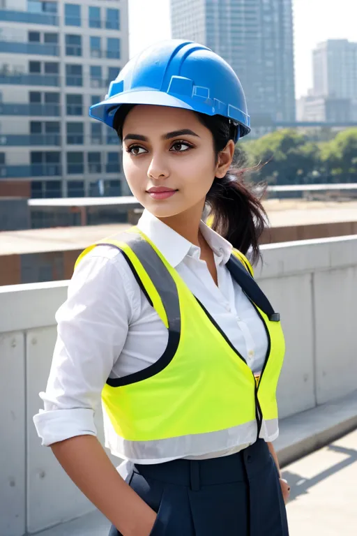 Young South Asian female architect wearing a blue hard hat and bright yellow safety vest, reviewing plans at an urban construction site with modern buildings in background.