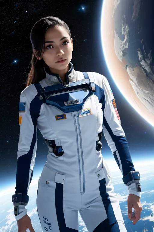 Female Hispanic astronaut in a sleek, functional space suit aboard a futuristic space station, observing Earth through a large viewport in zero gravity.