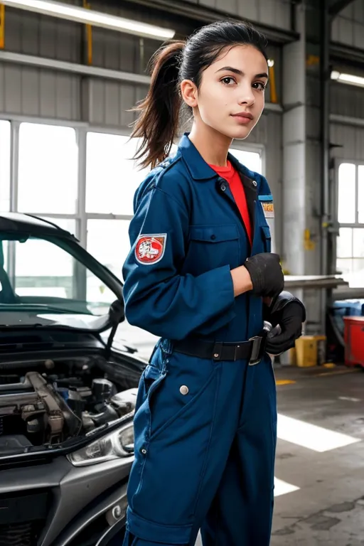Young Hispanic female mechanic in a blue oil-stained jumpsuit with gloves, standing confidently in a busy industrial auto workshop near a car with its hood open.