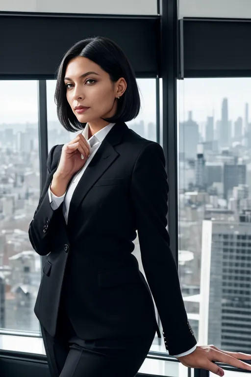 Female executive with sleek bob hairstyle and professional makeup in a tailored black business suit standing in a modern high-rise office, looking out over a sprawling cityscape.