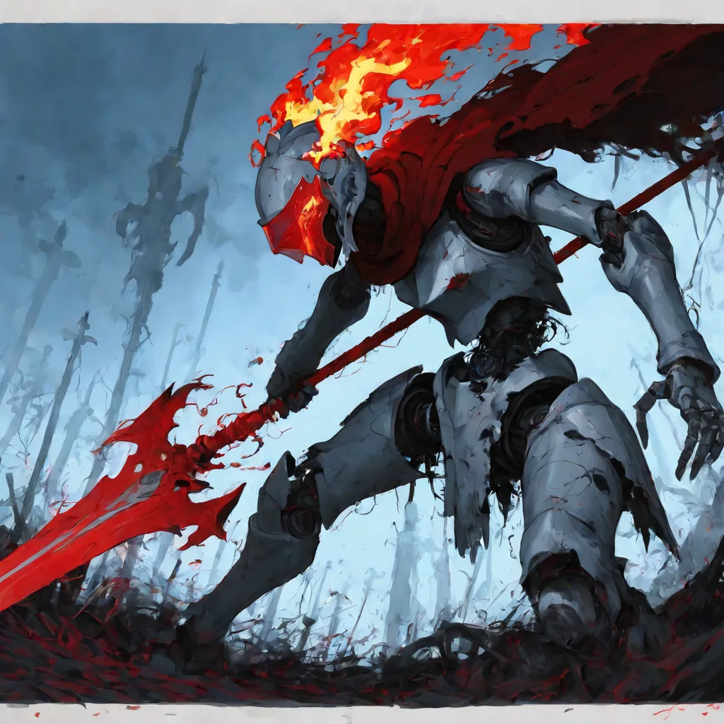 An armored dragoon-style spearman with a flaming helmet and red spear kneels on a battlefield filled with shadowy spears, wearing tattered armor and cape.