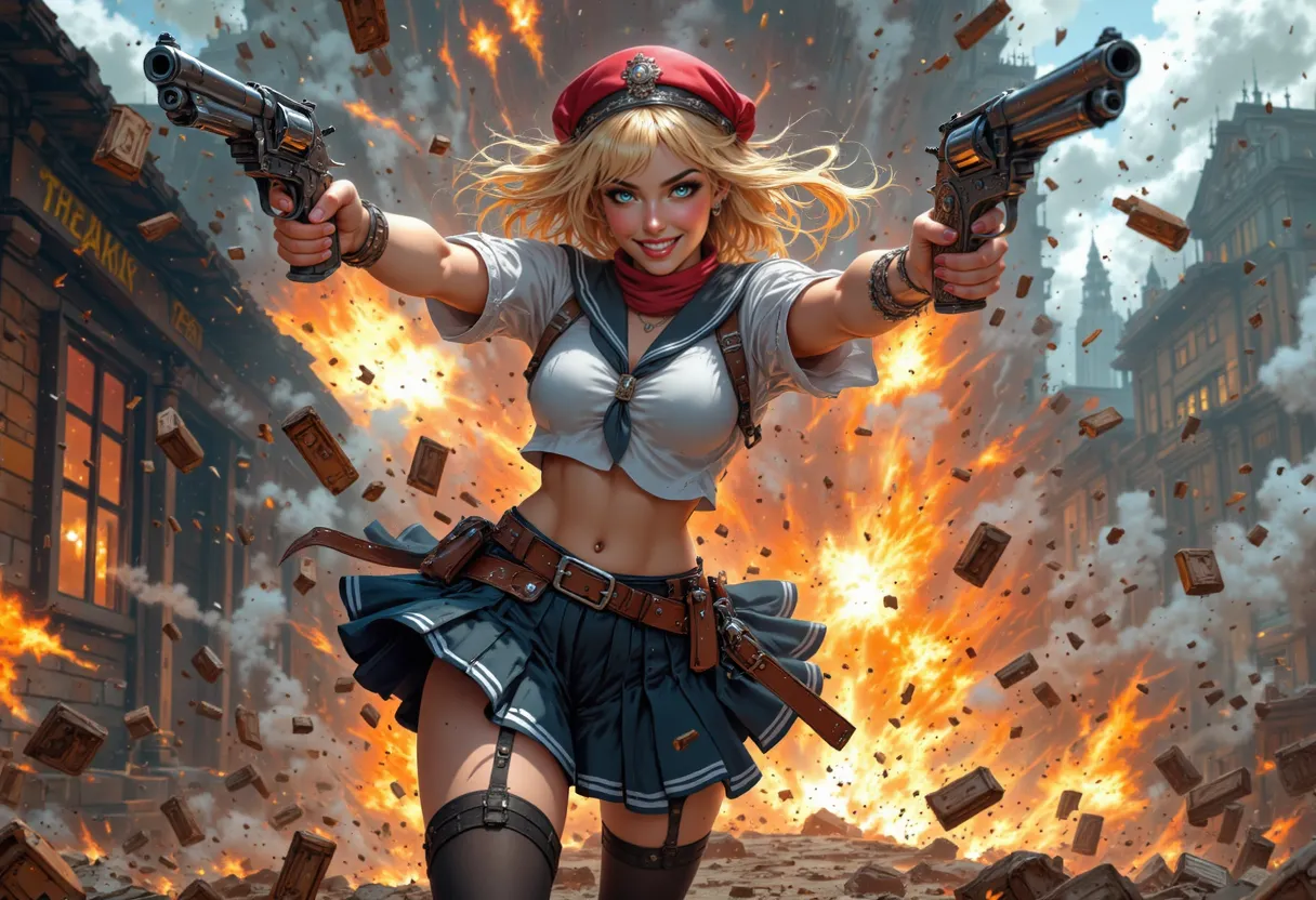 Blonde woman with messy short hair and pink highlights, wearing a pleated skirt and cropped blouse, dual-wielding ornate pistols amid a fiery explosion in a city street.