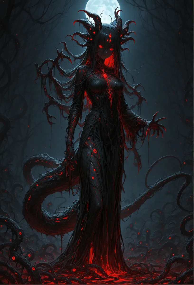 A dark fantasy demonic figure with glowing red eyes, long black hair with horns, wrapped in tentacles and vines, wearing a black dress, standing under a full moon.