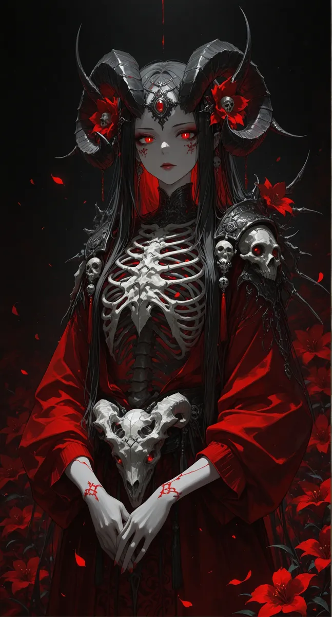 A dark fantasy demon girl with large curved horns adorned with red flowers and skulls, glowing red eyes, pale skin, and skeletal armor over a flowing red dress, set against a black background with scattered red petals.