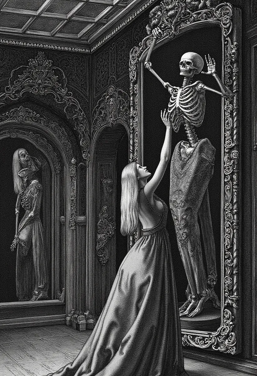 A digital illustration of a woman in a long dress reaching towards a skeleton inside an ornate mirror surrounded by a dark, intricately decorated interior.