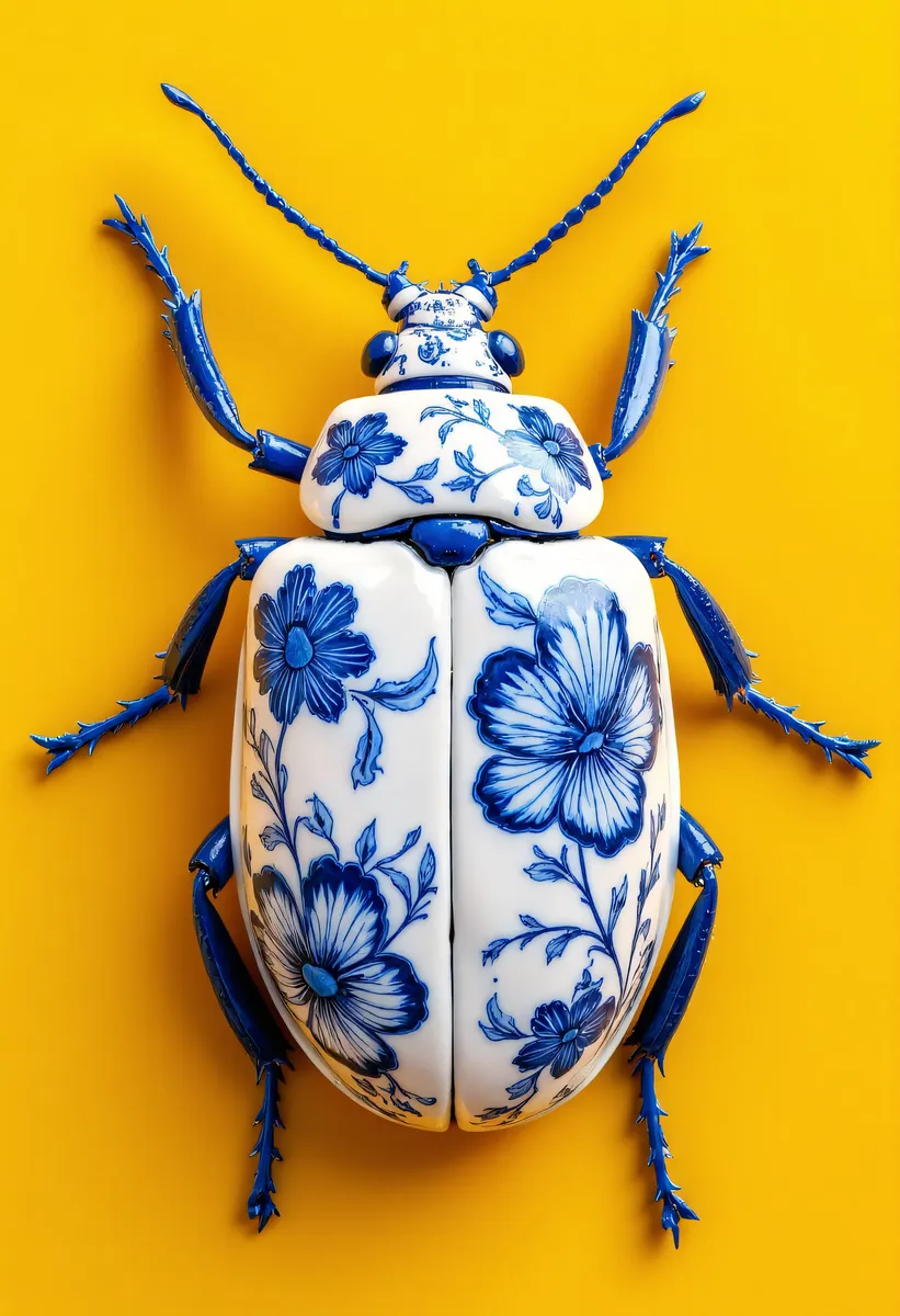 A beetle intricately decorated with blue floral patterns resembling Chinese porcelain, set against a vibrant yellow background.