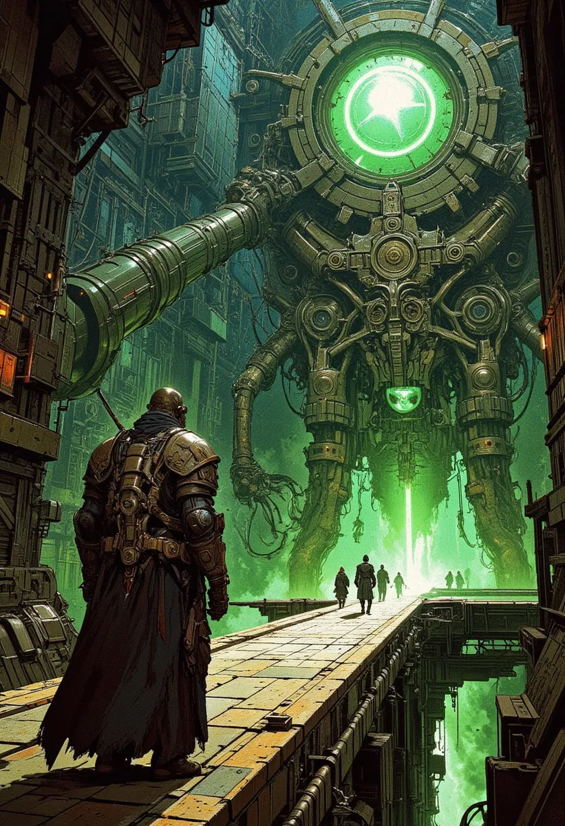 A Tech-Priest Magos in cybernetic robes standing on a cable bridge inside a dark Necron facility, facing a colossal glowing green machine surrounded by ancient alien technology.