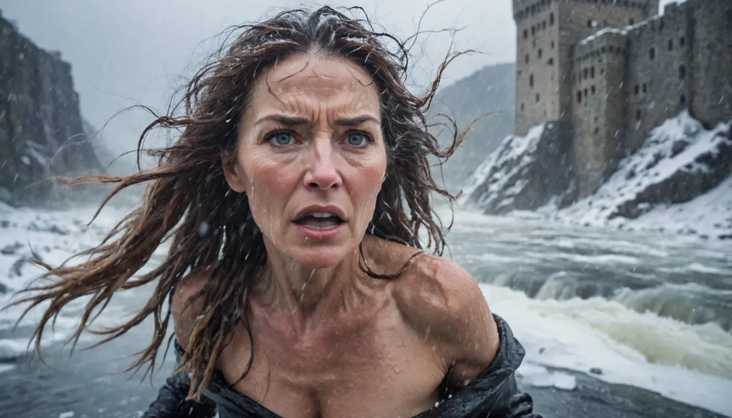 Close-up of a determined ageless woman with wet hair in a raging snowstorm crossing a frozen river, with a large castle in the snowy background.