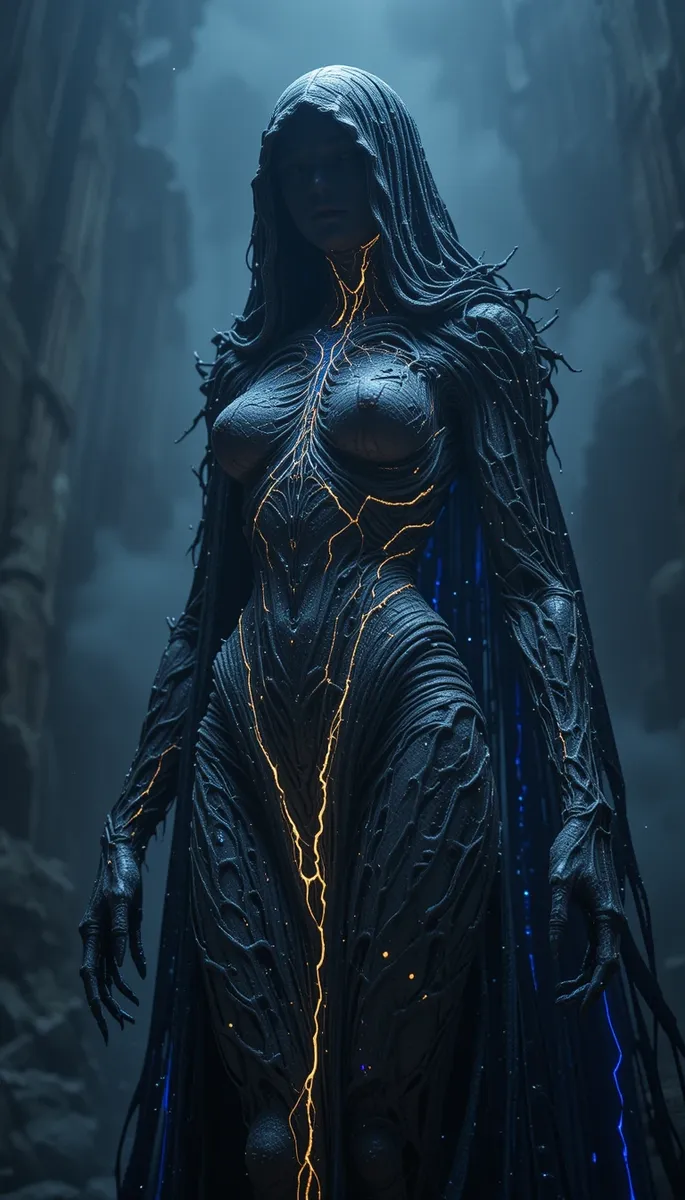 Dark eldritch female cyborg entity in a hooded cloak, with organic porous body and glowing veins of electric blue and golden yellow light.