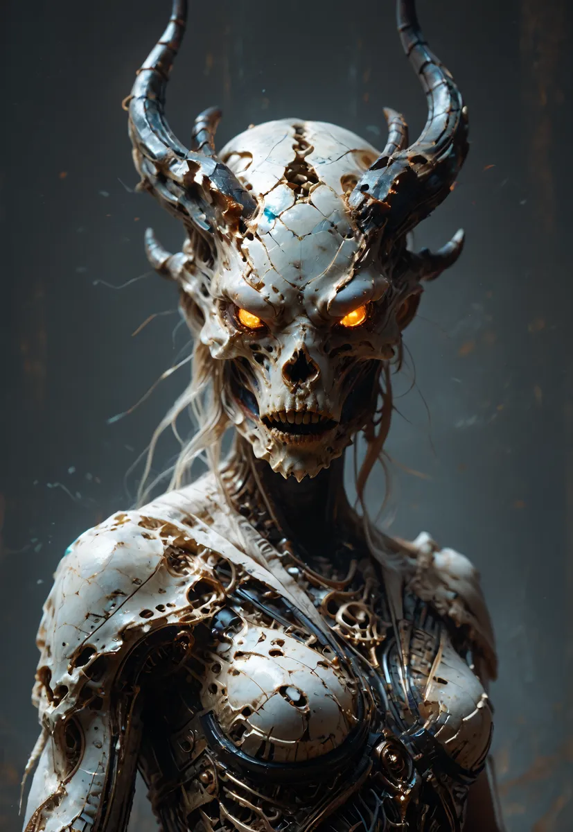 A dark fantasy female skeletal figure with a cracked horned skull and glowing orange eyes, featuring intricate mechanical elements and armor details.