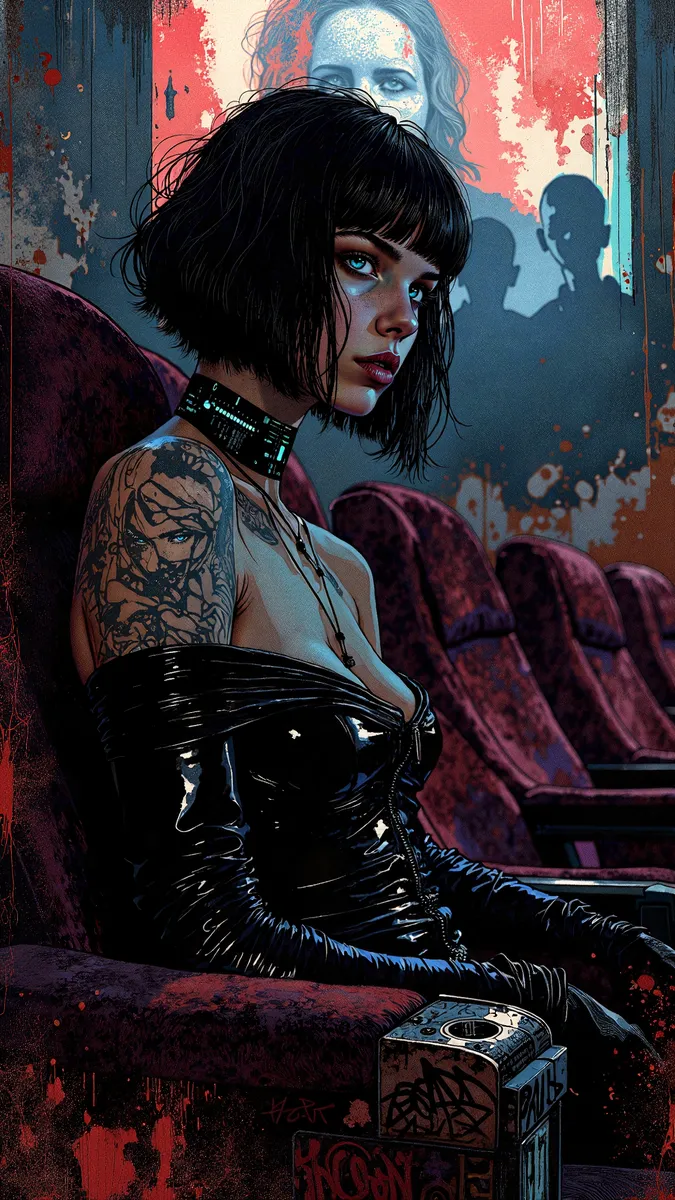 A cyberpunk young woman with black bob hairstyle, glowing blue eyes, tattooed arm, and wearing a glossy black latex bodysuit sits alone in a neon-lit, dark movie theater with graffiti on the armrest.