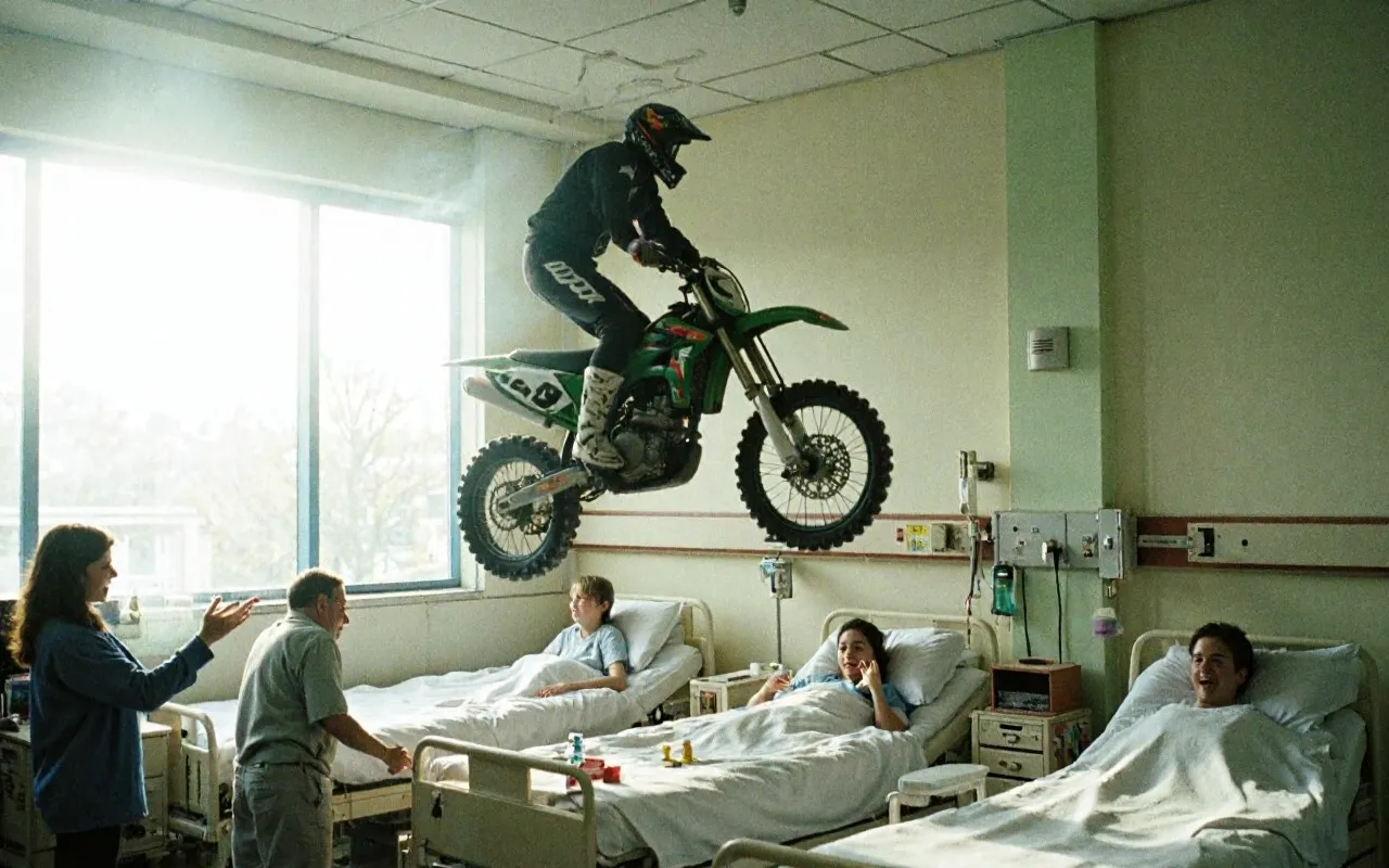 Motocross rider mid-air jumping over occupied hospital beds in a hospital room with cheering patients, captured with a film grain effect.