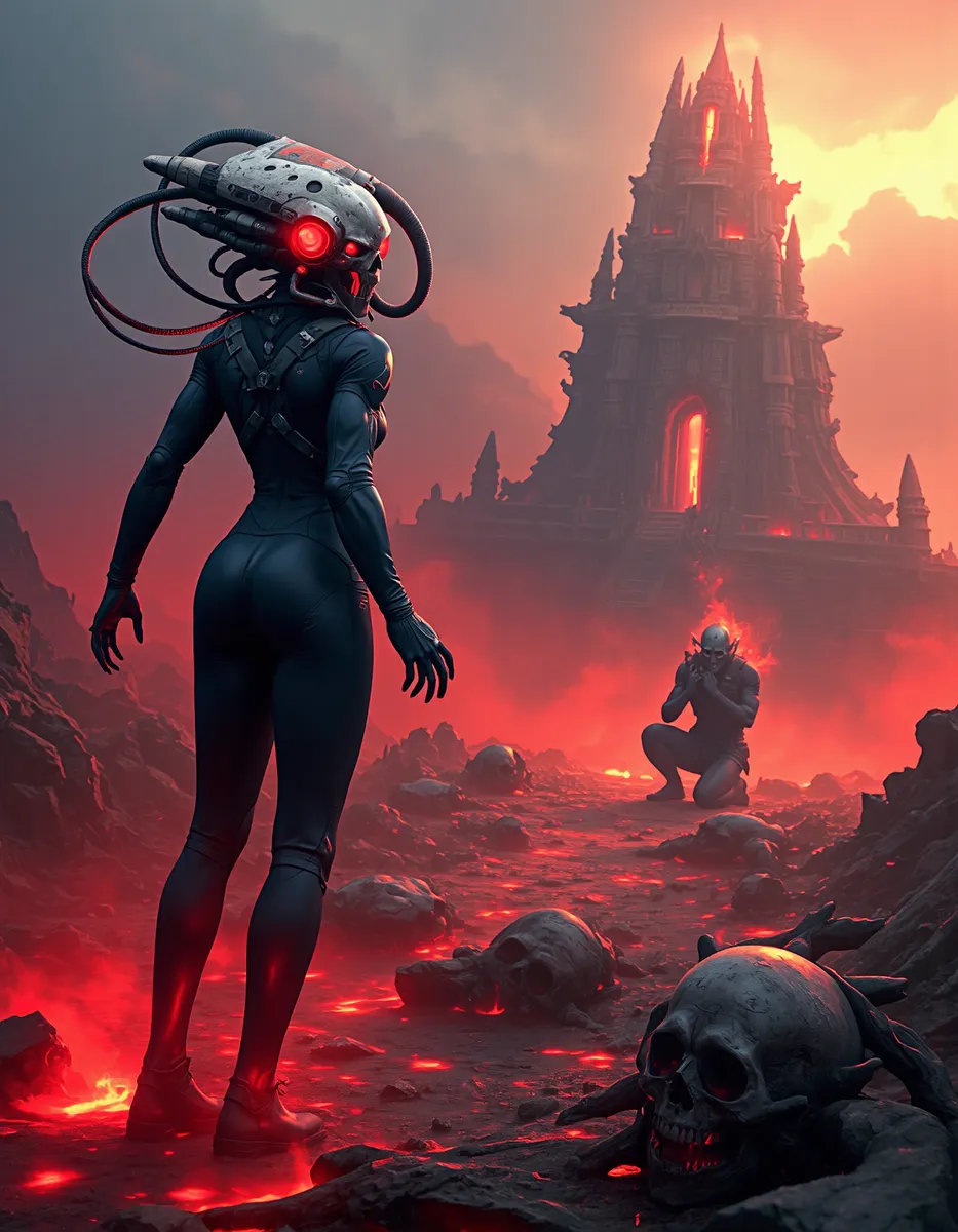 A female Culexus Assassin with a skeletal psionic helmet and glowing red eyes stands on a fiery, skull-strewn battlefield approaching a kneeling rogue psyker before a towering ruined temple emitting fiery light.
