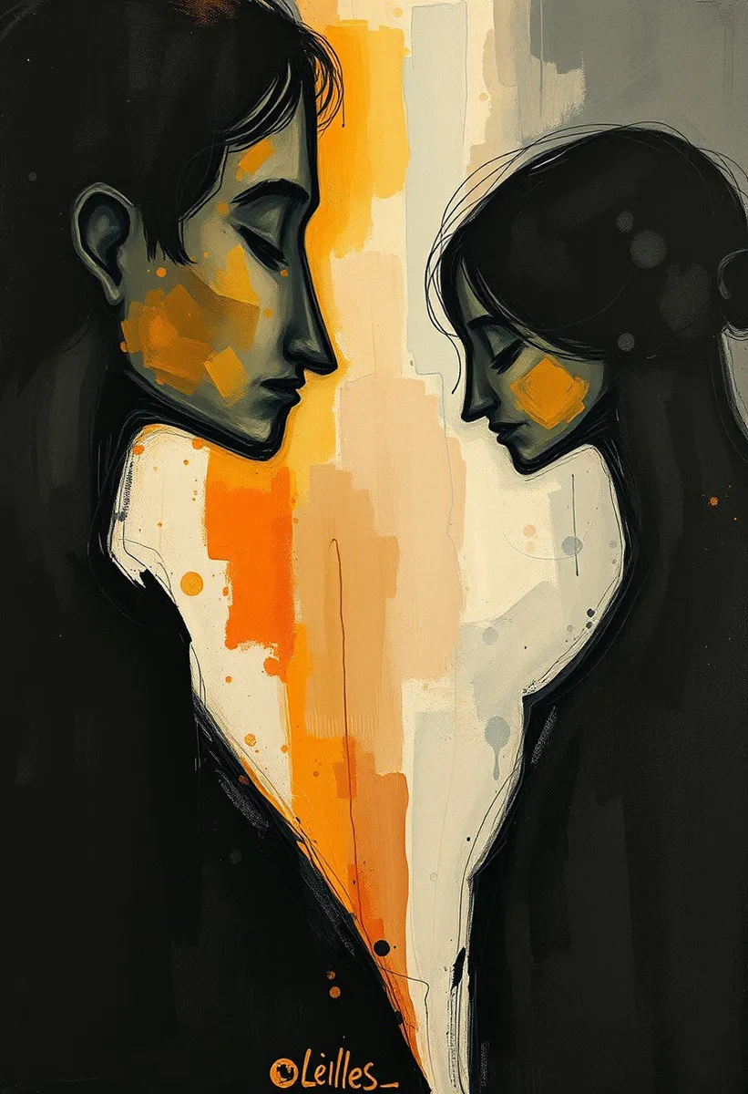 Expressionist painting featuring two elongated, introspective faces with bold black outlines against a muted background with splashes of orange and beige tones.