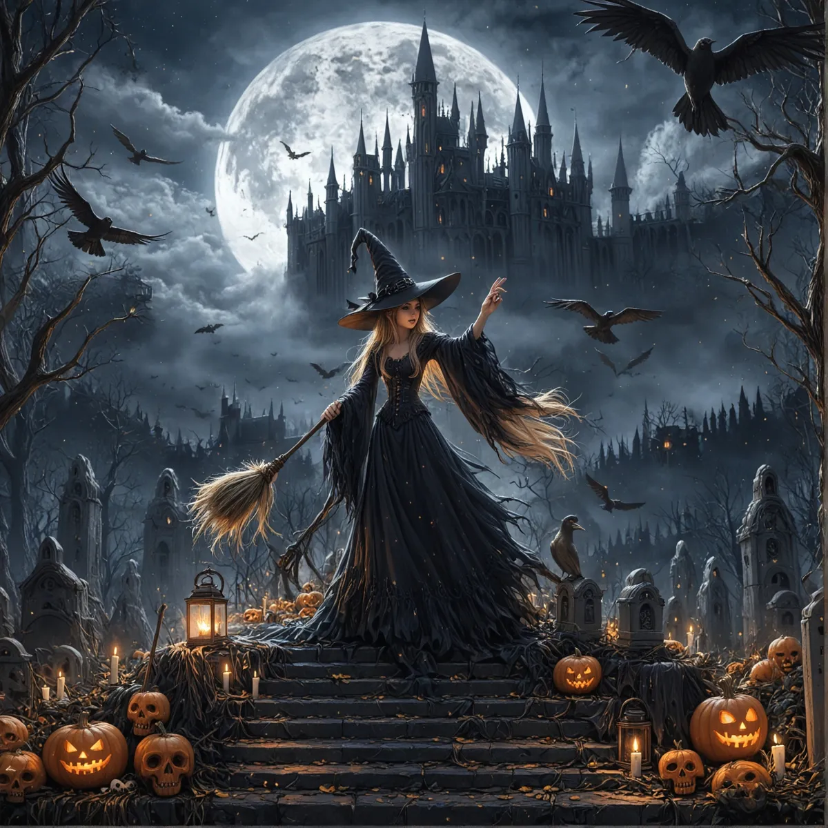 A witch in a black dress and pointed hat holding a broomstick stands on stone stairs surrounded by jack-o'-lanterns, skulls, and candles with a large gothic castle and full moon in the misty night sky.