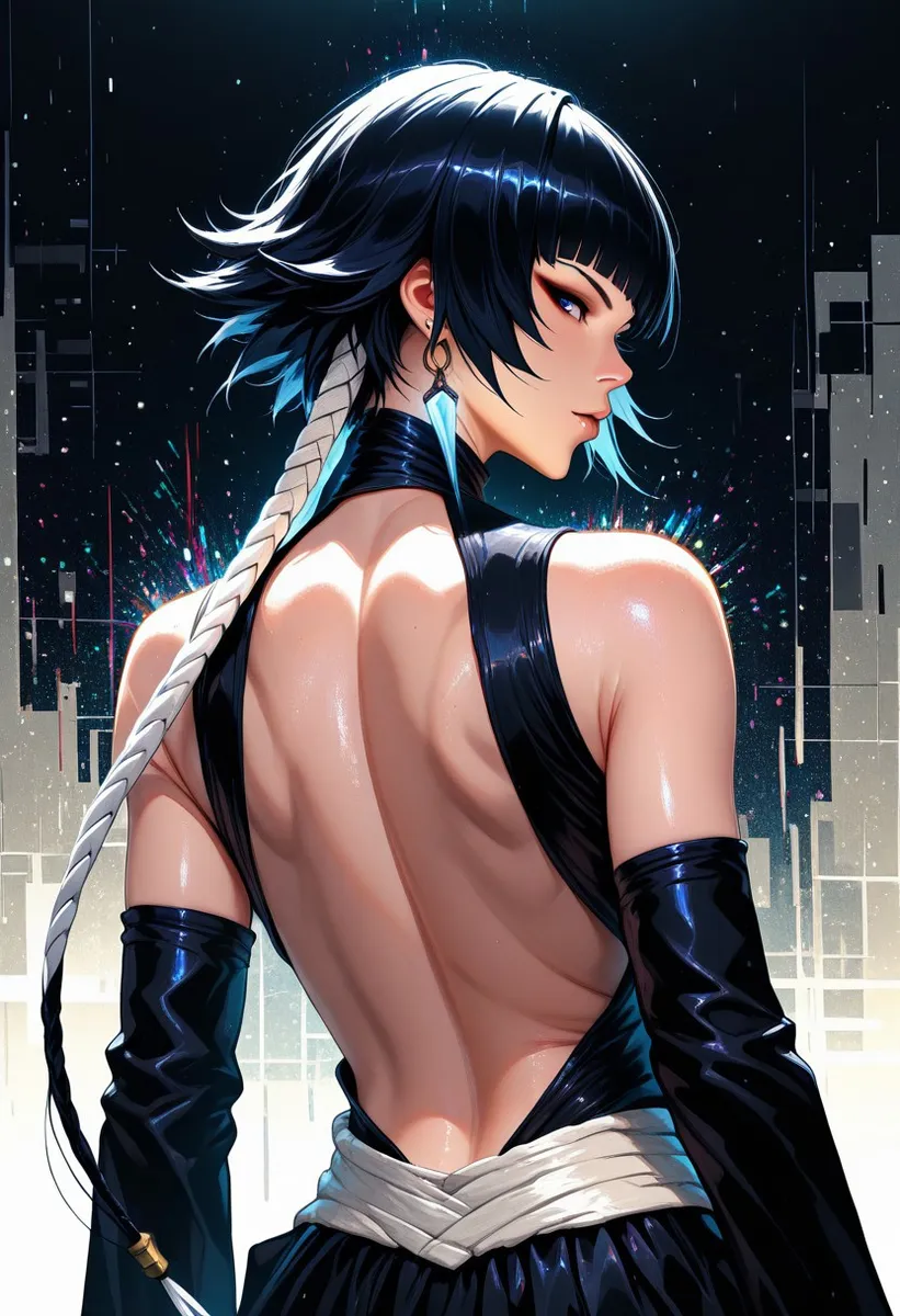 Digital painting of Sui-Feng, a mature female character with a black backless outfit, braided hair, looking over her shoulder with glitch and glitter effects.