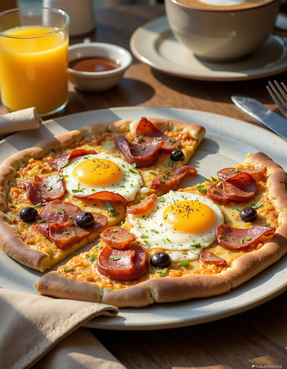A breakfast pizza topped with sunny-side-up eggs, crispy bacon, smoked sausage, black olives, and drizzled with hollandaise sauce on a white plate with a glass of orange juice and a cup of coffee in the background.