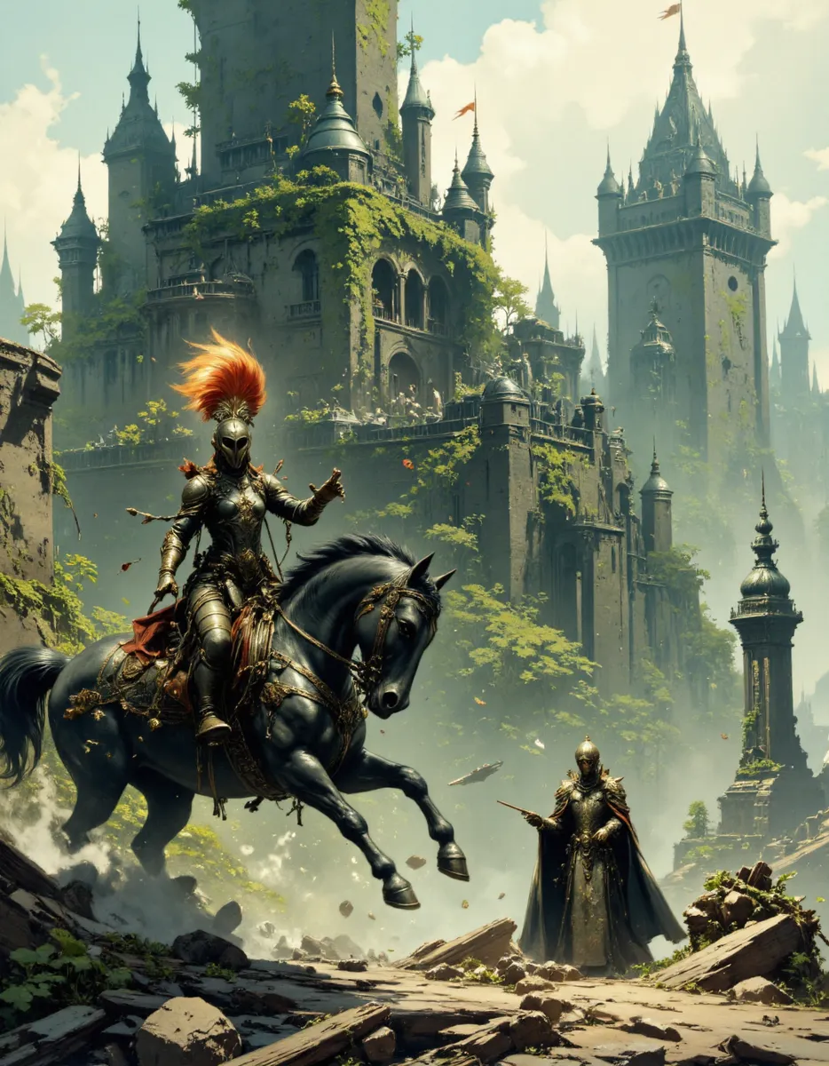 A medieval knight in full armor with a red plume rides a black biomechanical horse in front of towering castle buildings covered with greenery and organic elements under a partly cloudy sky.