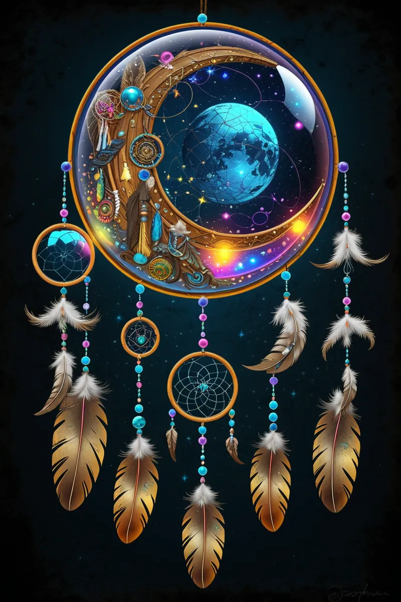 Detailed dreamcatcher featuring a crescent moon with intricate decorations, a glowing blue planet at its center, surrounded by feathers and beads.