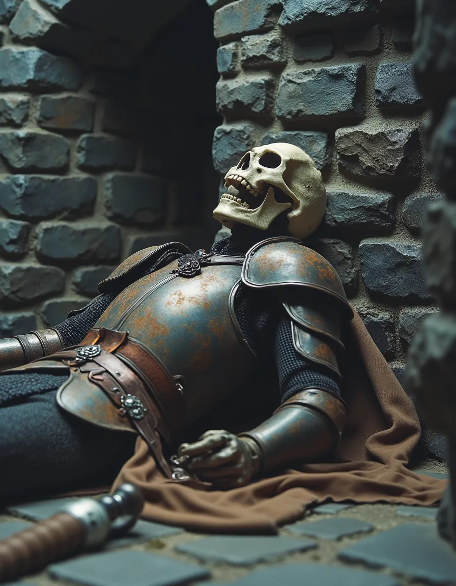 Skeleton of a knight wearing rusty armor leaning against a cobblestone dungeon wall, with broken sword on the floor and cracked skull with open jaw.