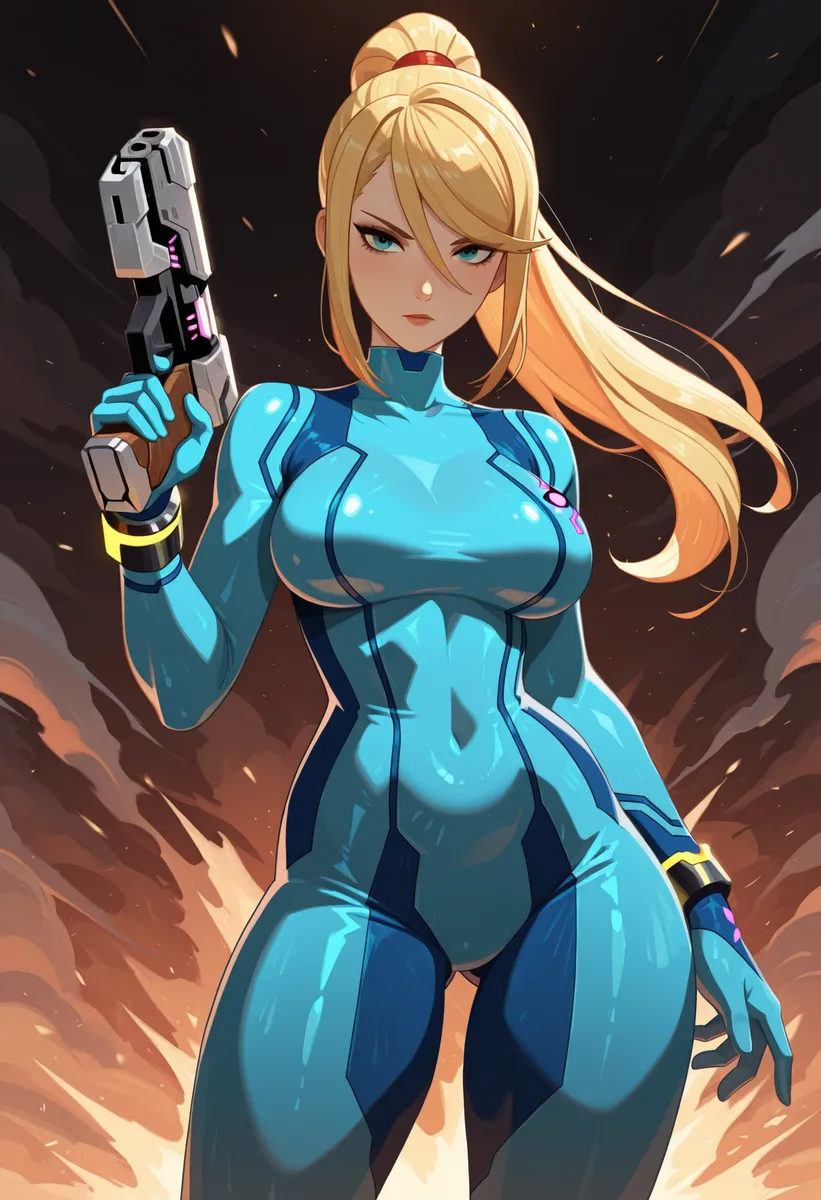 Samus Aran in a sleek blue zero suit holding a futuristic gun in a cowboy shot pose with intense expression and flowing blonde hair.