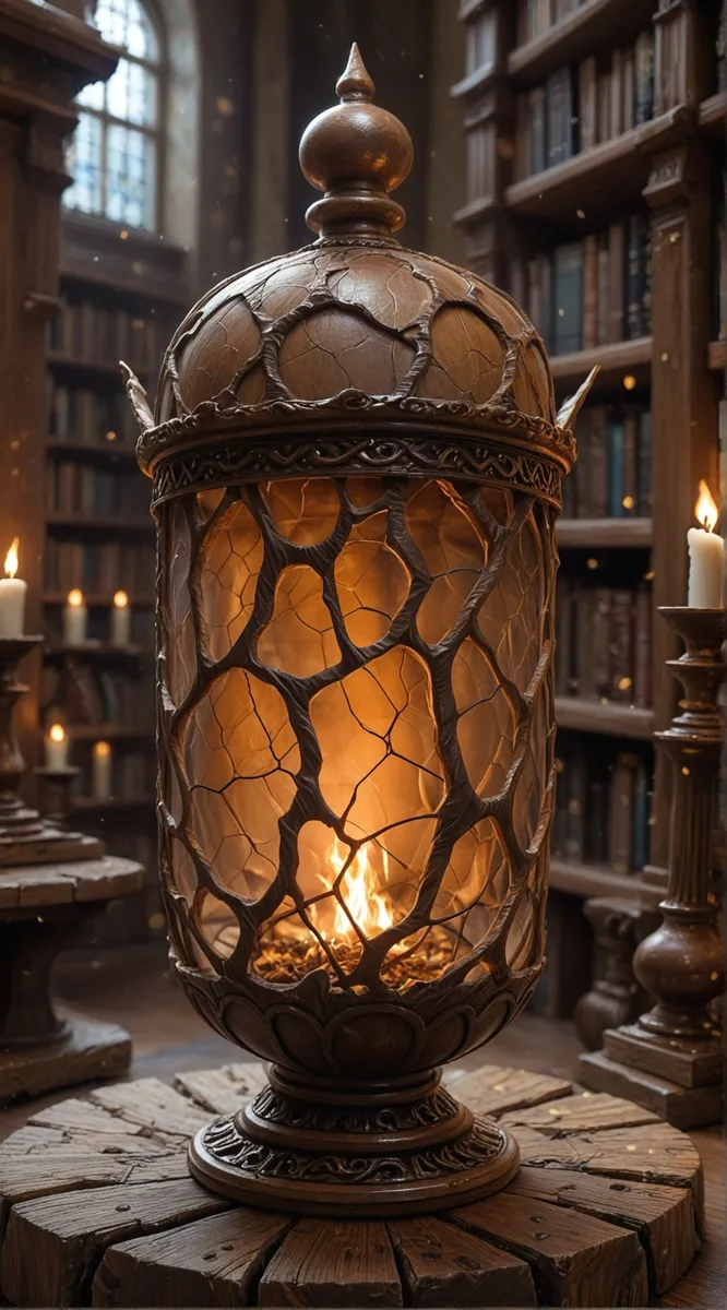 Cracked glass urn with warm fire inside, placed on a wooden table in a cozy library surrounded by candlelight and bookshelves.