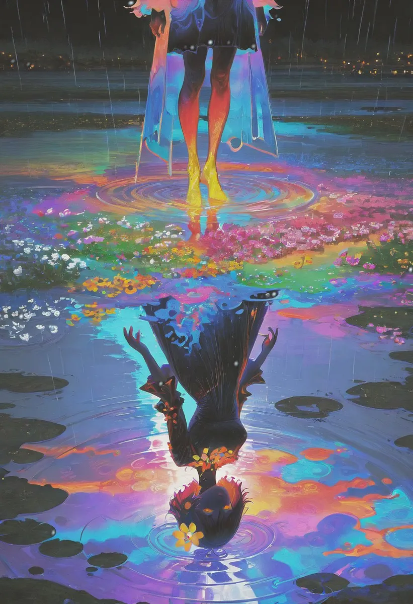 A vibrant surreal scene of a woman standing barefoot in a colorful puddle surrounded by flowers, with a dark reflection in the water, painted in an oil painting style.