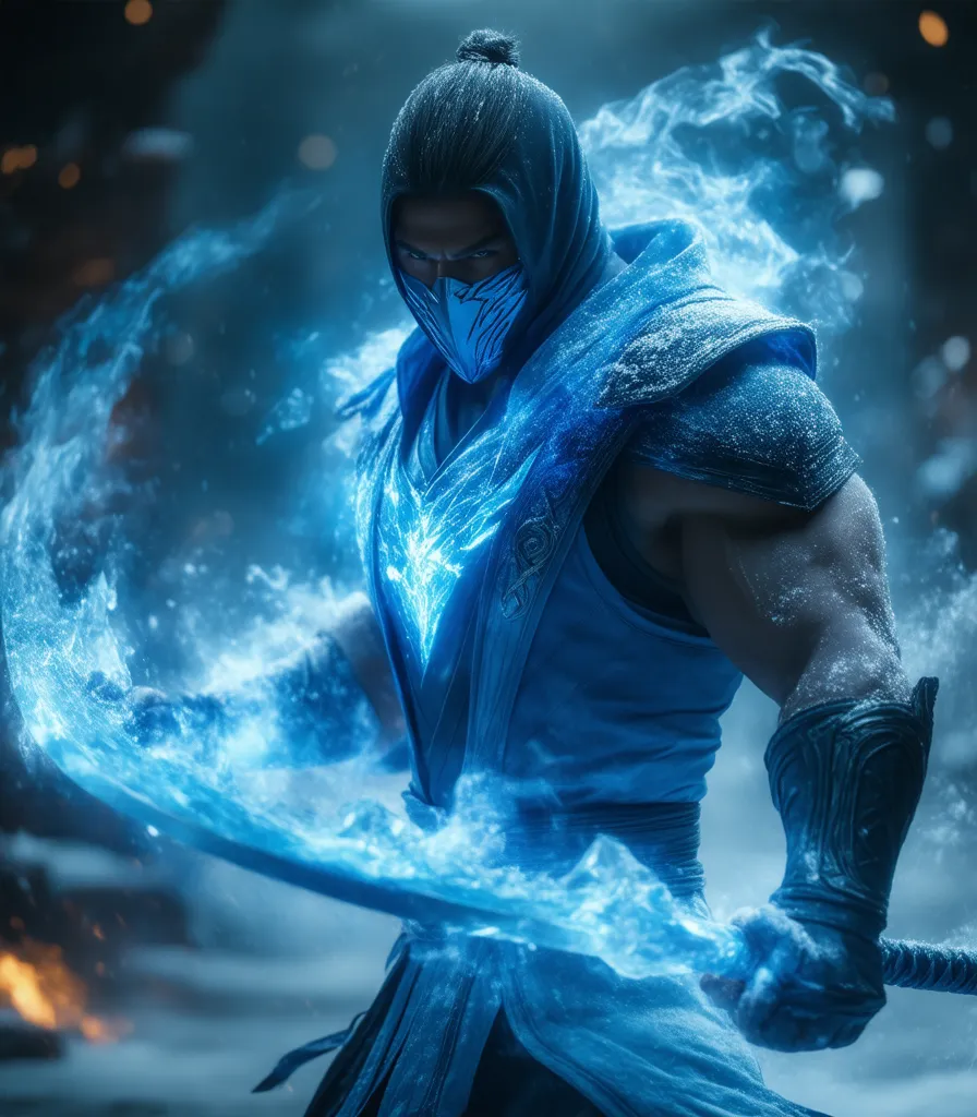 A muscular warrior from Mortal Kombat wearing a blue hood and mask, wielding a glowing, ice-formed sword with swirling icy effects around him.