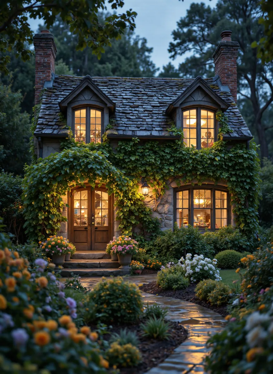A rustic English ivy-covered cottage with warm glowing windows, surrounded by a colorful flower garden and a wet stone pathway at twilight.