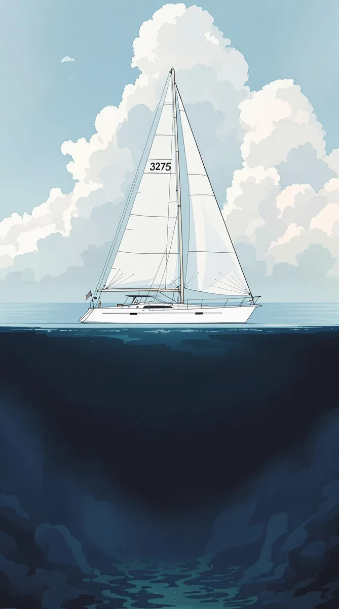 Profile view of a majestic minimalist watercolor sailboat with number 3275 on its elegant sails, above and below waterline showing keel and seabed.