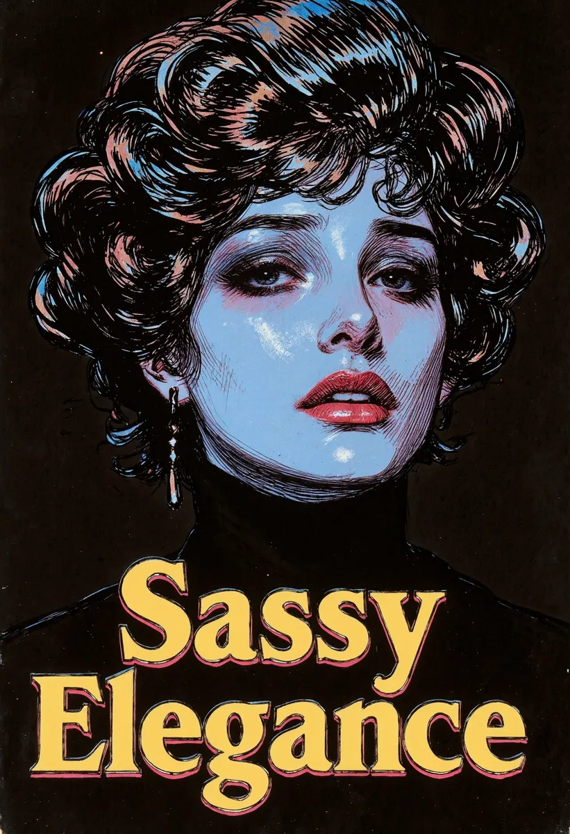 Close-up stylized portrait of a maniacal Gibraltarian celestial being with makeup, two tone lighting, and vibrant 'Sassy Elegance' text