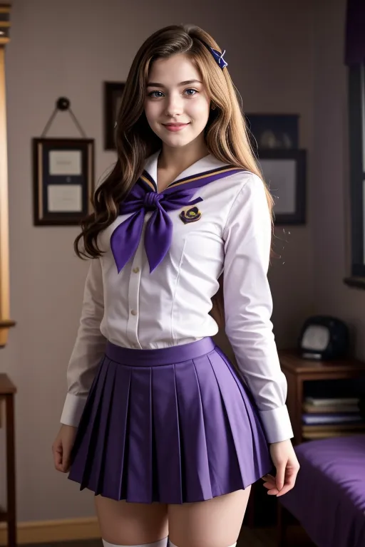 A young woman with long hair smiling, wearing a purple pleated skirt and sailor collar school uniform with a bowtie, standing indoors with soft cinematic lighting.