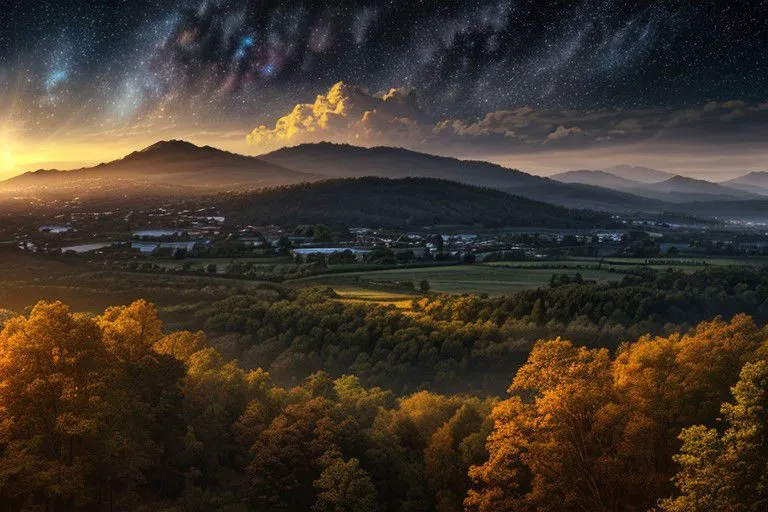 A high dynamic range landscape showing mountains, trees in warm sunlight, and a star-filled nightsky background with soft natural lighting.