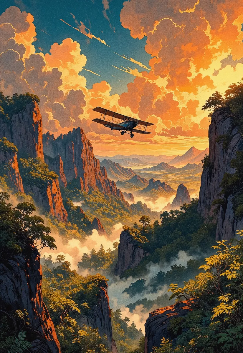 A vintage 1930s biplane flying through a mist-covered mountainous jungle canyon during a stunning sunset, surrounded by dense tropical foliage.